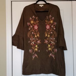 Umgee Olive Long Sleeve Dress with Colorful Embroidery